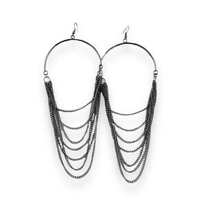 Silver Tone Dangle Chain Layered Hoop Steampunk Y2K Earrings